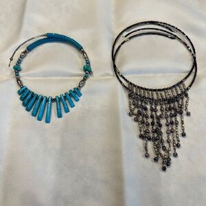 Lot of 2 Choker Necklaces-Turquoise Bar Beaded & Iridescent Fringe Bead Set